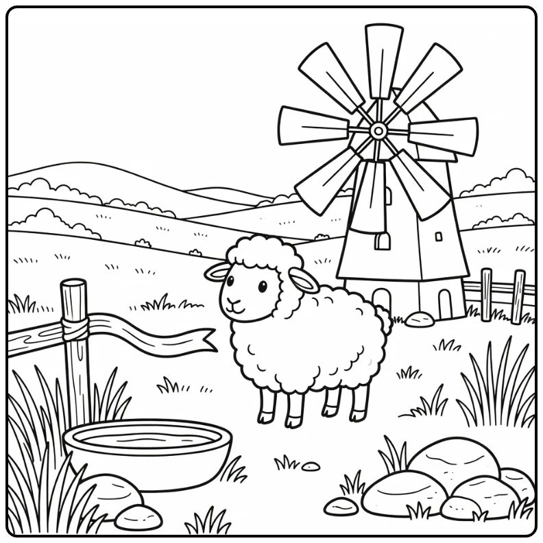 Sheep coloring page with windmill and fluttering ribbon