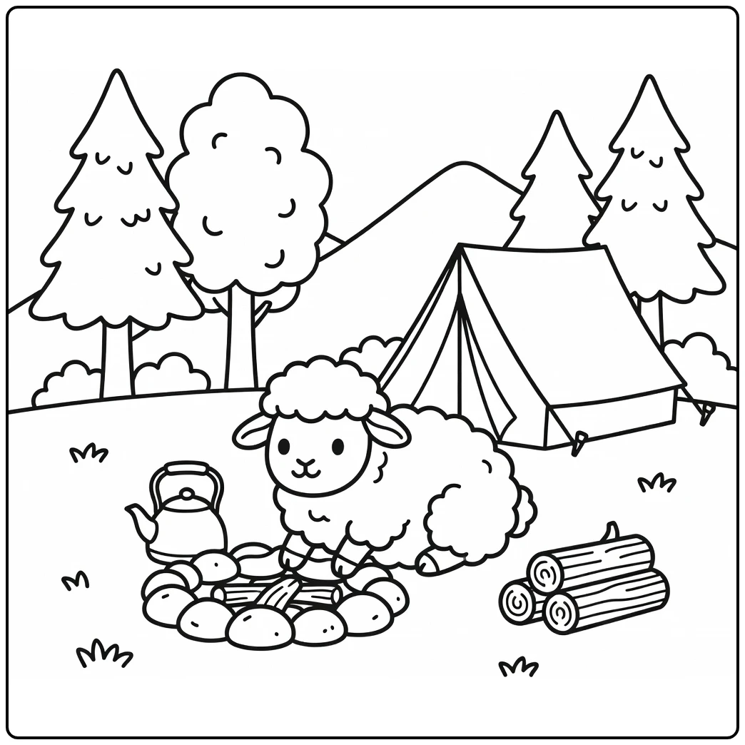 Sheep coloring page cute sheep by mountain campfire