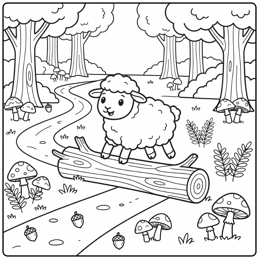 Sheep coloring page with cute sheep hopping in woodland