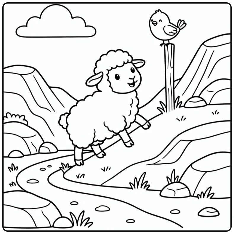 Sheep coloring page with sheep climbing rocky slope and bird