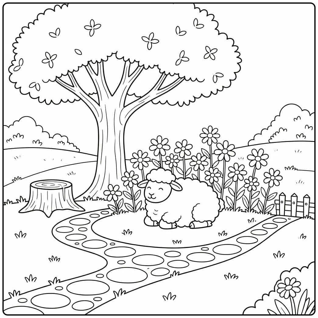 Serene sheep coloring page with daisies and tree