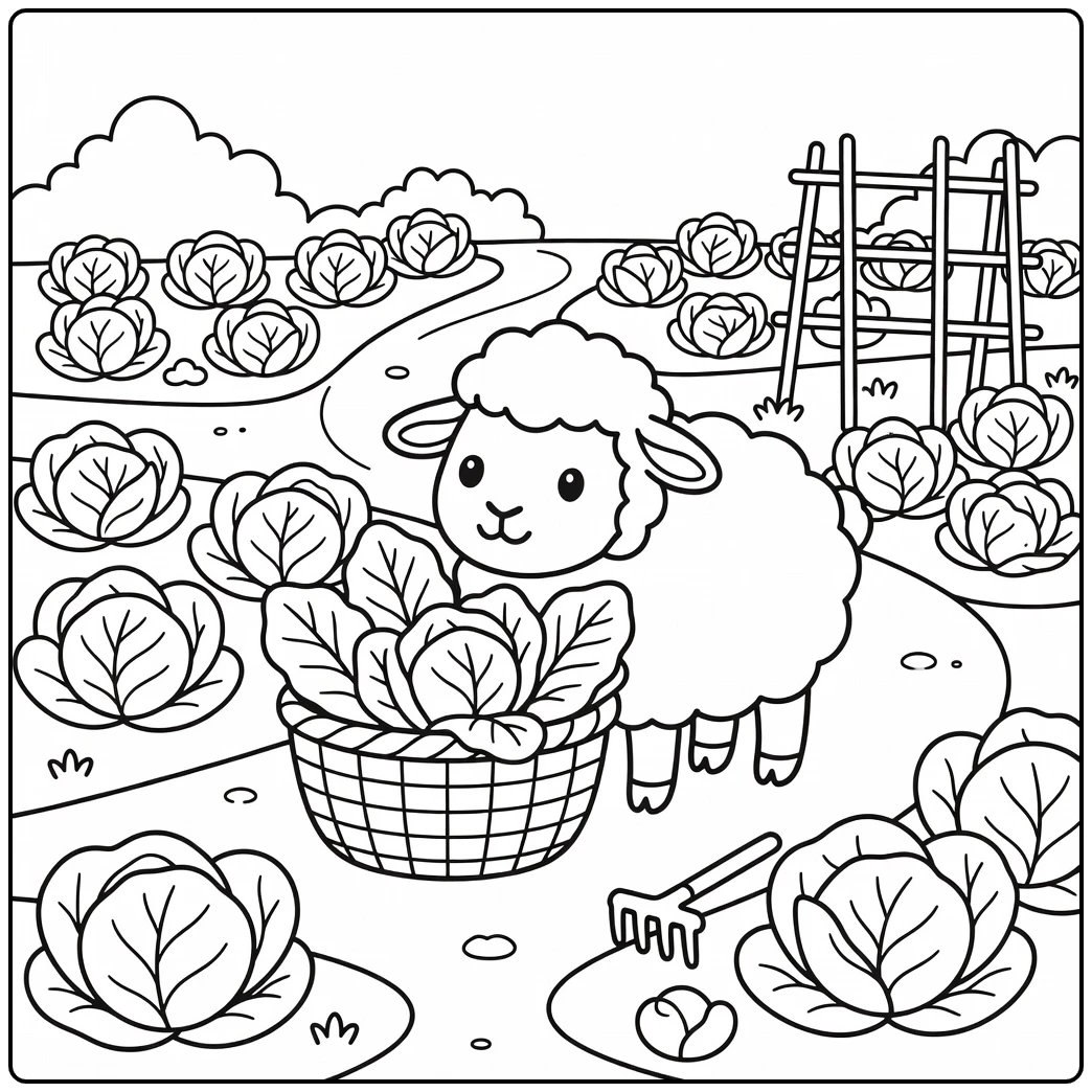 sheep coloring page of cute sheep in vegetable garden basket