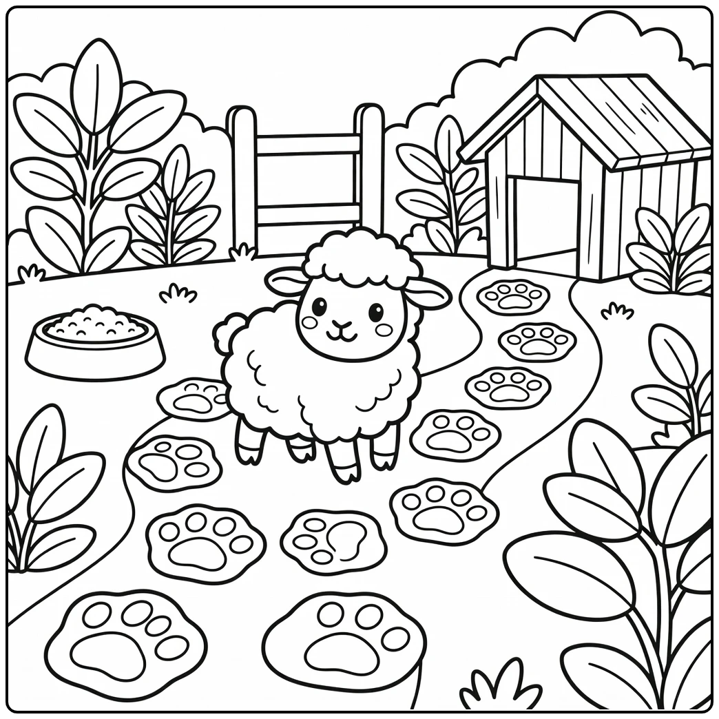 sheep coloring page for kids with paw trail in petting zoo