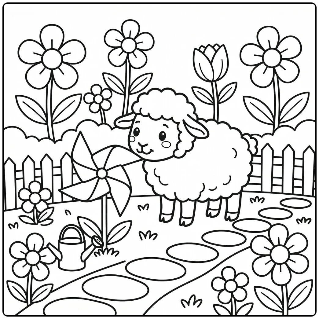 Sheep coloring page for kids with garden pinwheel and flowers