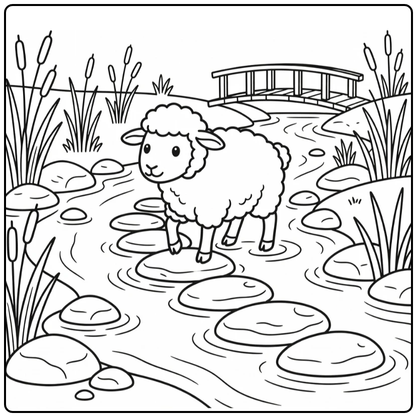 Sheep coloring page cute sheep on stepping stones