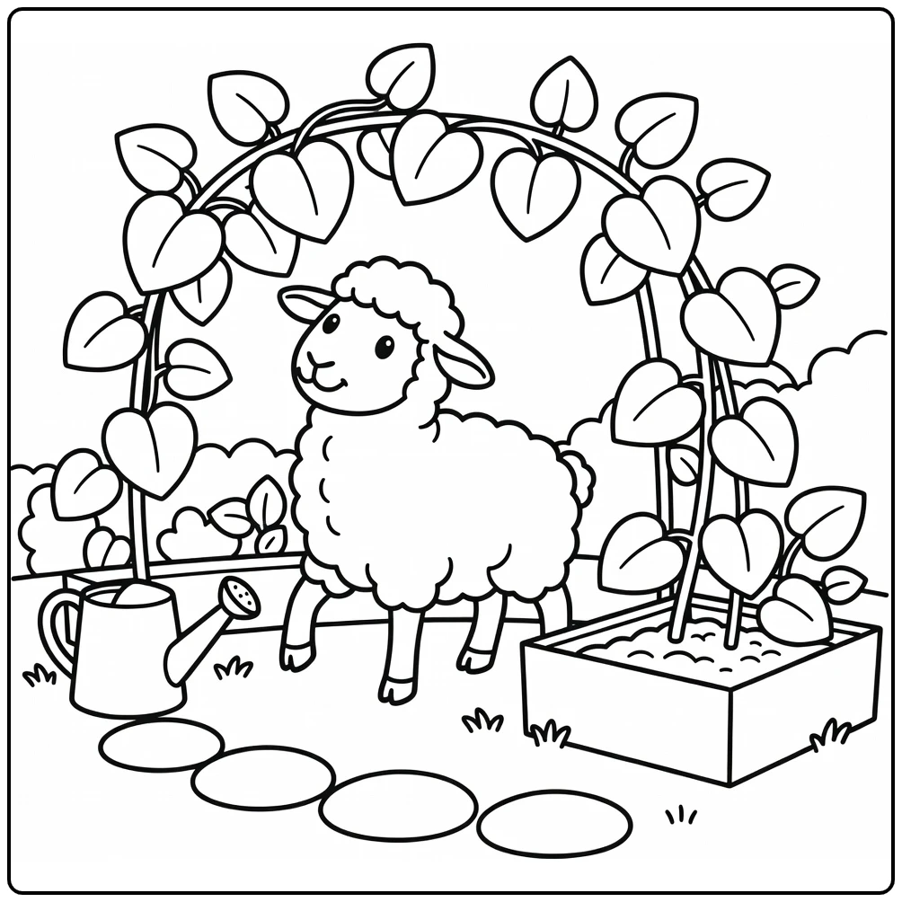 Sheep coloring page with garden trellis and vine leaves