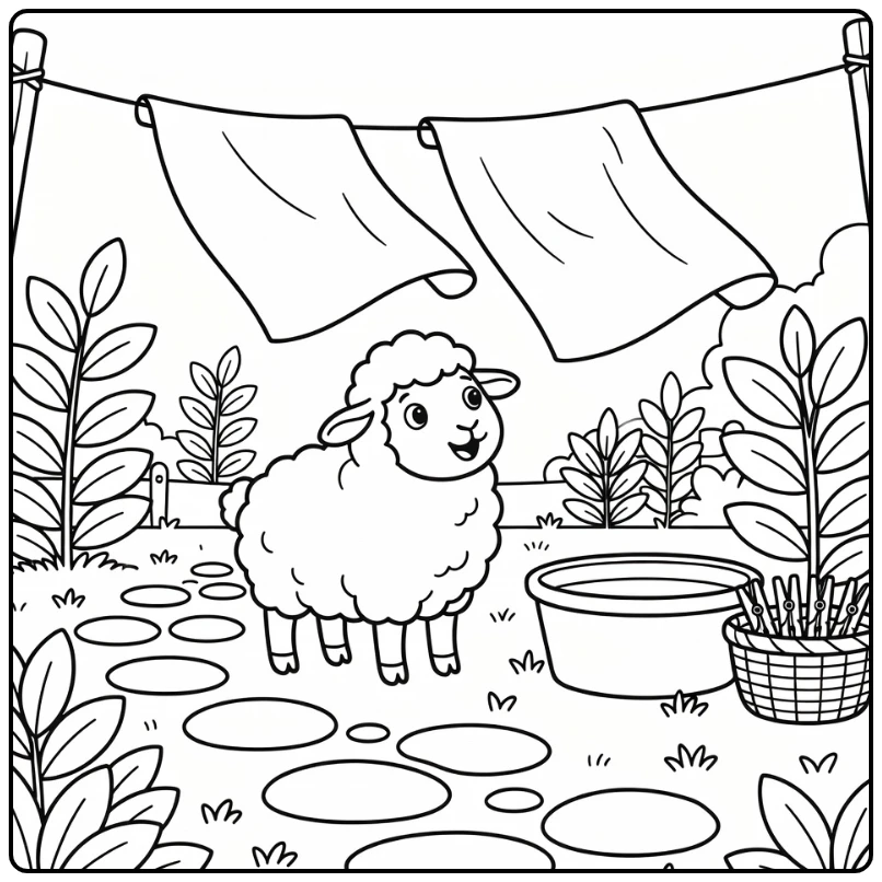 Adorable sheep coloring page featuring fluttering sheet on farm
