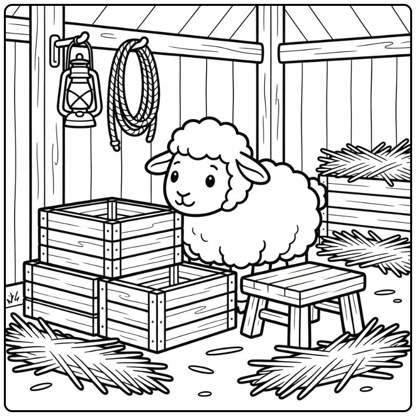 Cute sheep coloring page exploring crates in barn