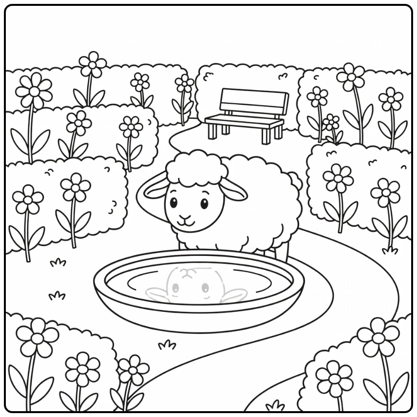 sheep coloring page of cute sheep by round birdbath in garden
