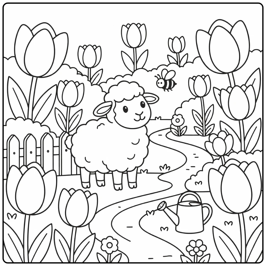 Sheep coloring page with giant tulips and buzzing bee
