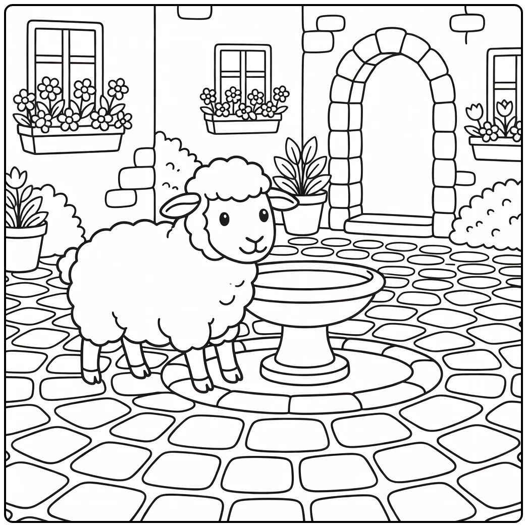 Sheep coloring page cute sheep by village fountain