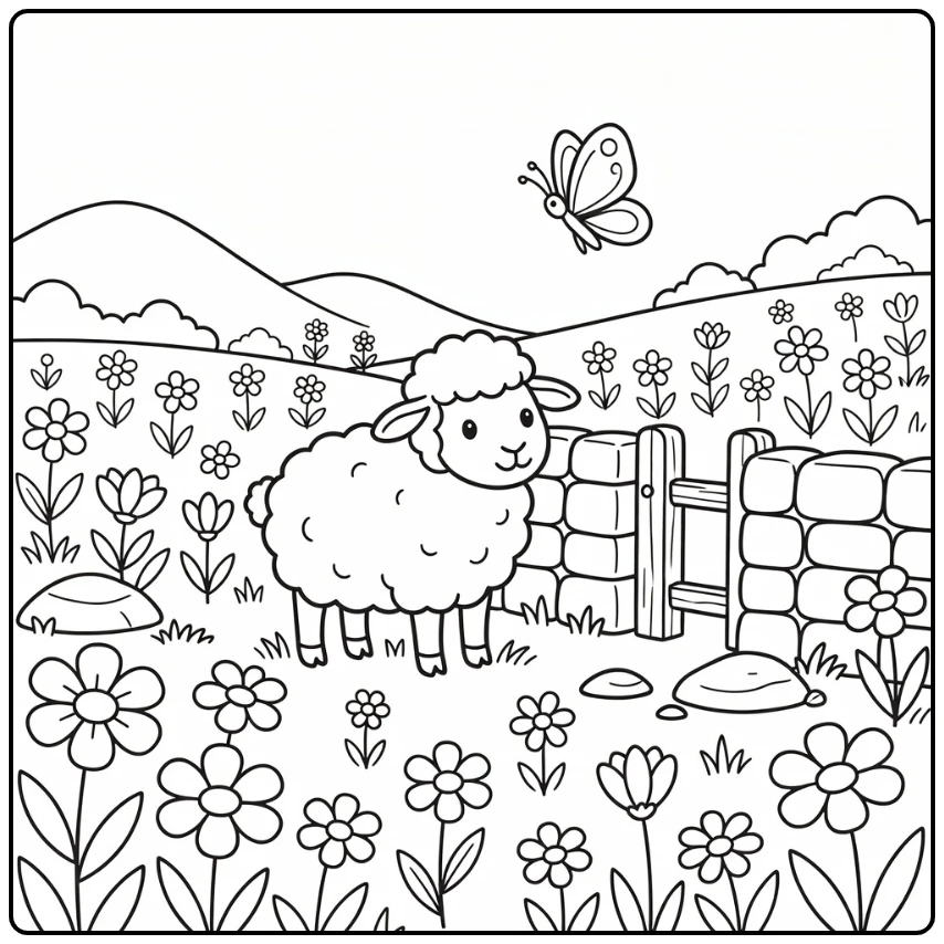 Sheep Coloring Page with Butterfly in Meadow