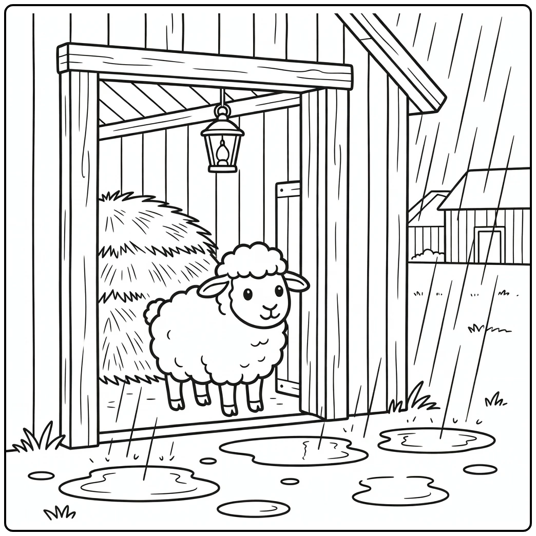 Sheep coloring page with barn doorway and rainy scene