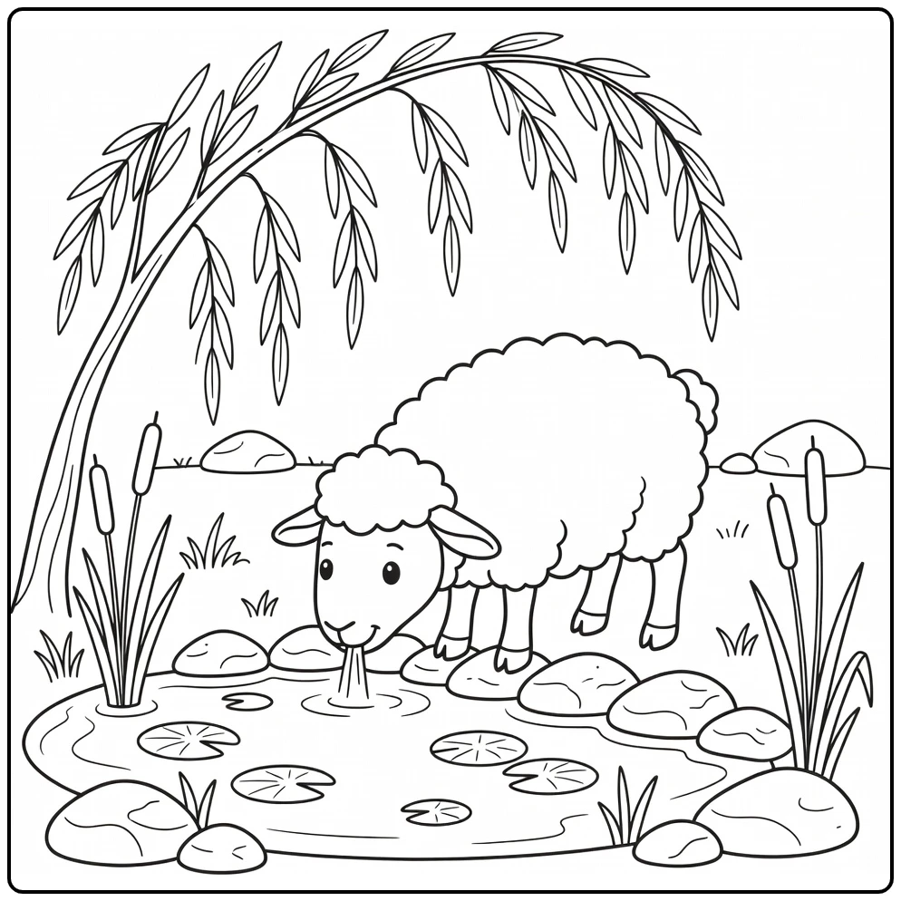 sheep coloring page cute sheep drinking from pond with lily pads