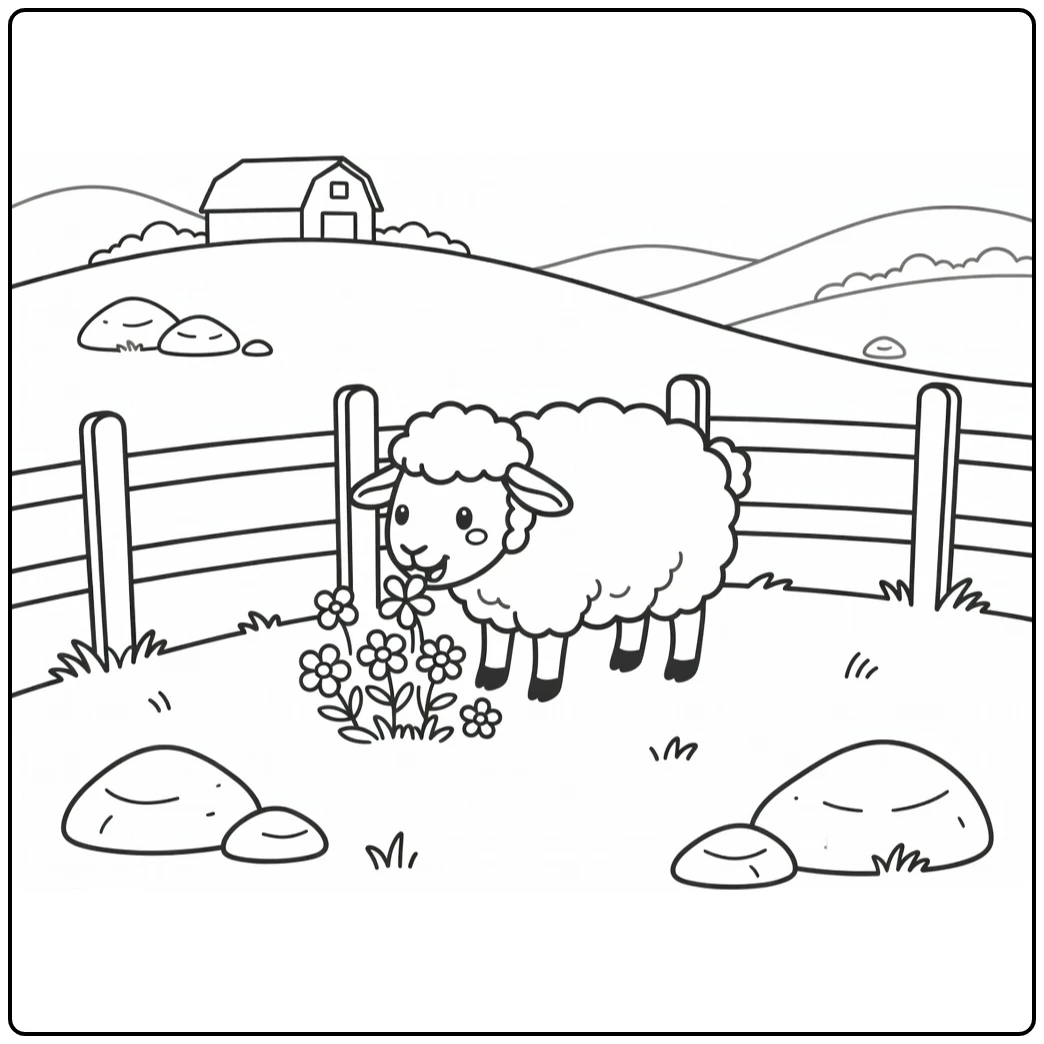 sheep coloring page: sheep on grassy hillside with fence