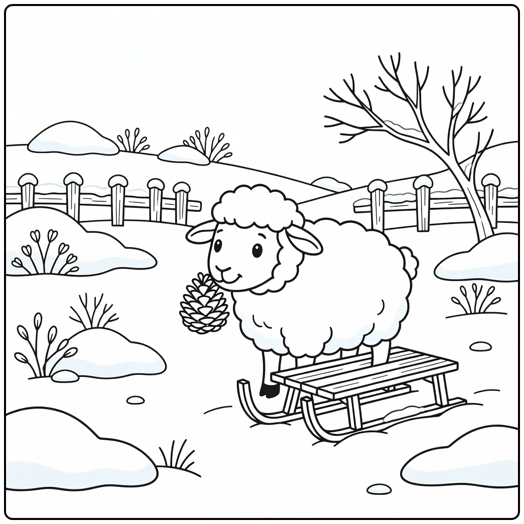 Sheep coloring page in snowy pasture with pinecone