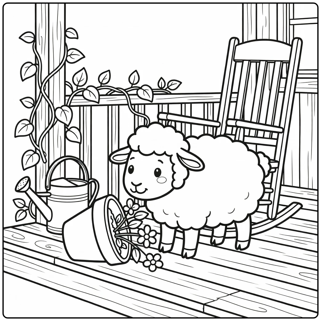 Sheep coloring page with sheep nudging flower pot on sunny porch