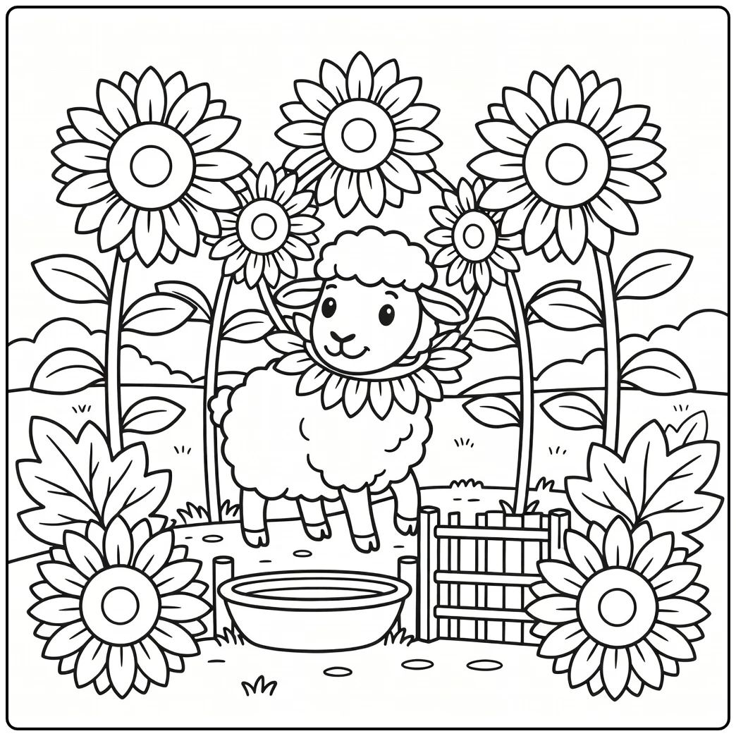 Sheep coloring page showing sheep in sunflower ring on farm