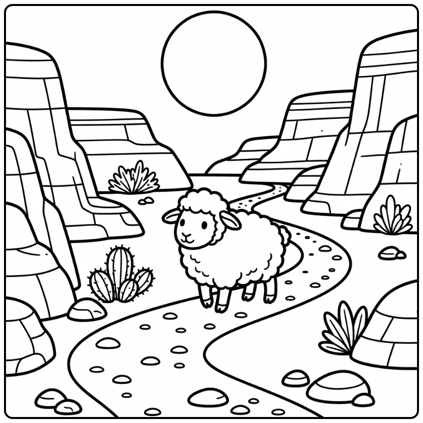 sheep coloring page in canyon with cactus and curved trail