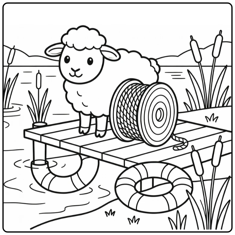 sheep coloring page cute sheep on dock by lake with rope spool
