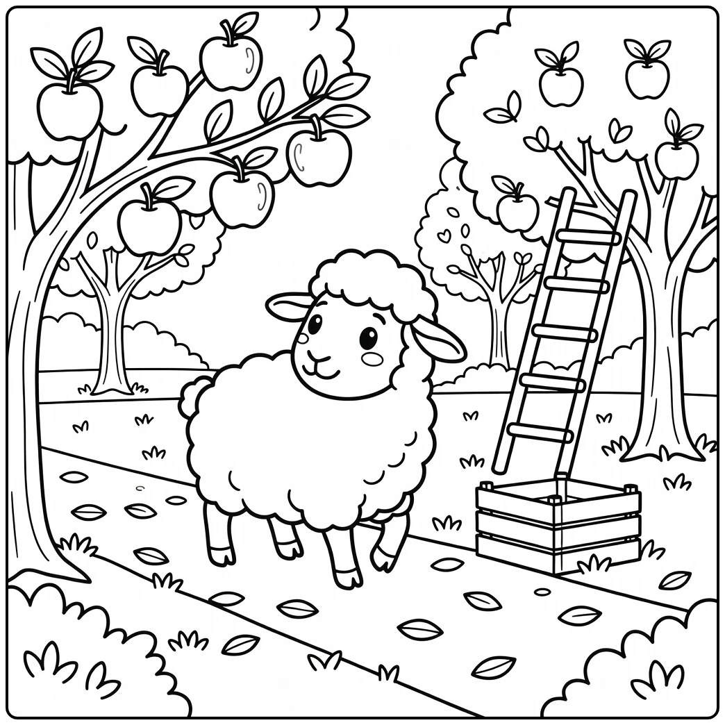 Sheep coloring page in peaceful farm orchard with apple branch