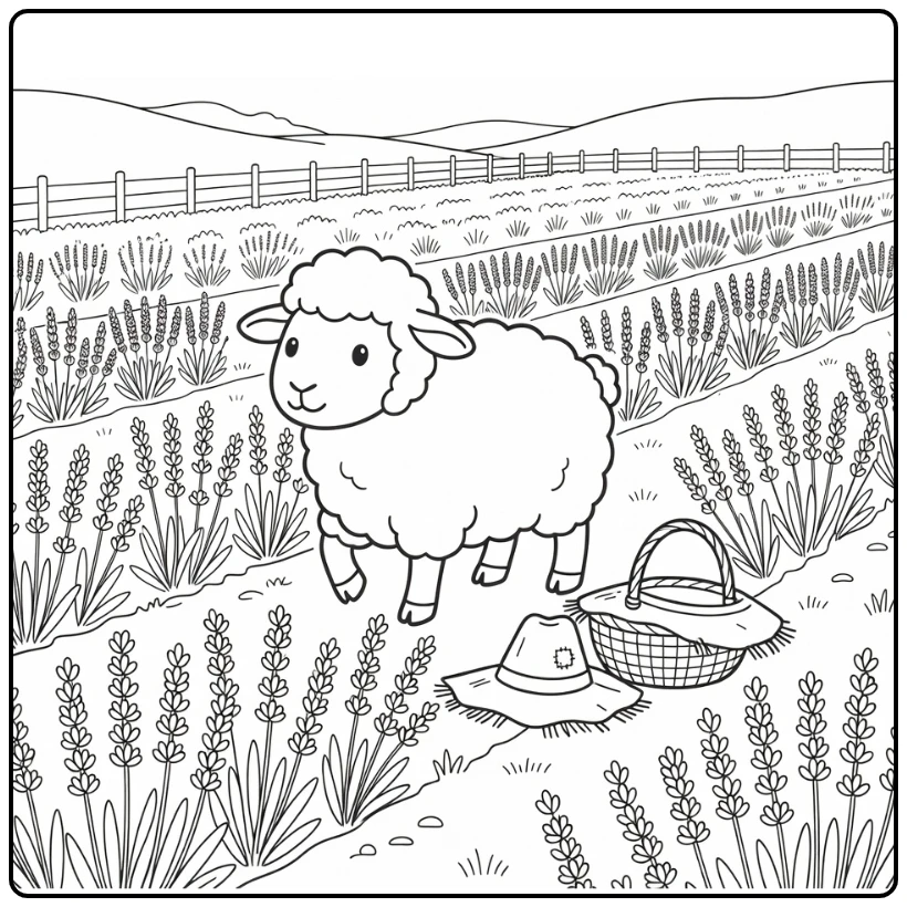 Sheep coloring page in lavender herb field with basket