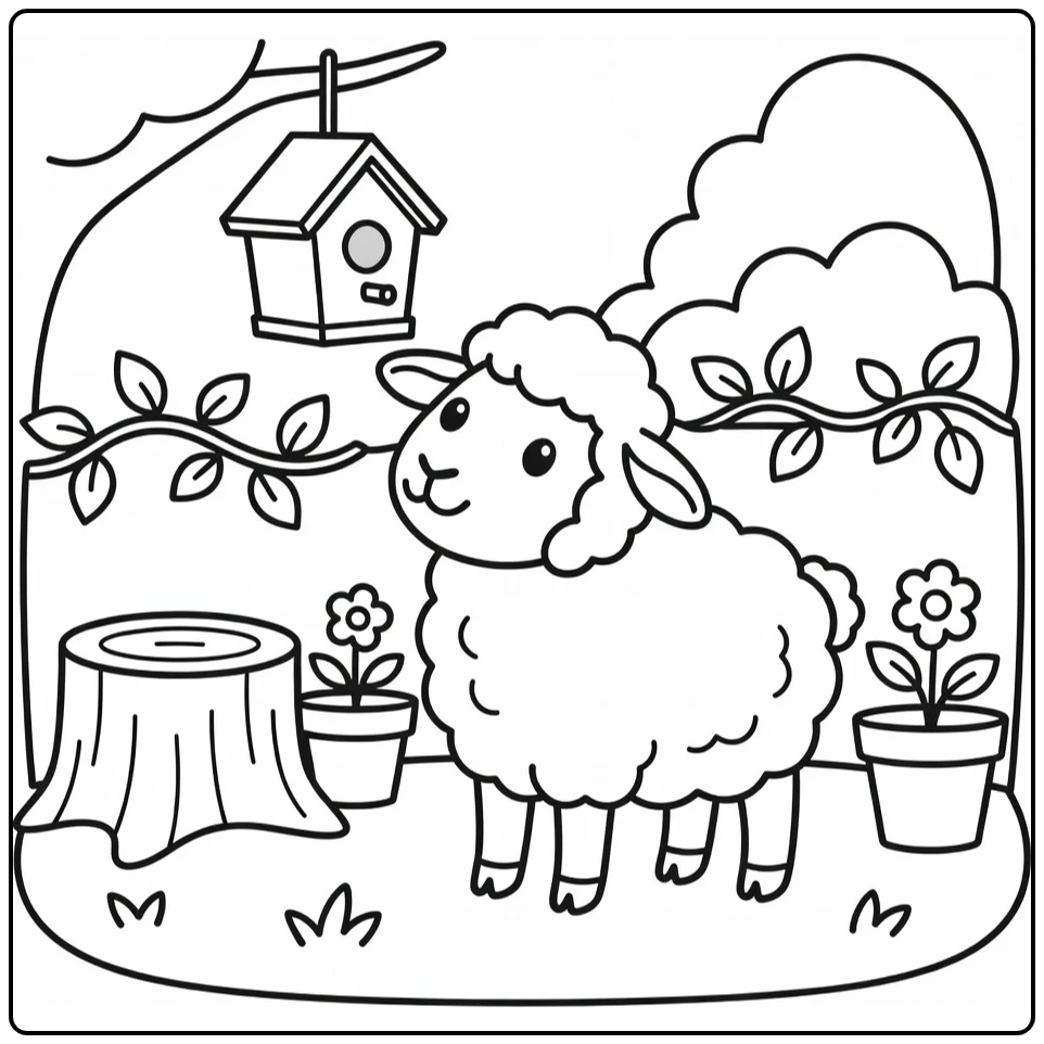 Sheep coloring page featuring a curious sheep and birdhouse