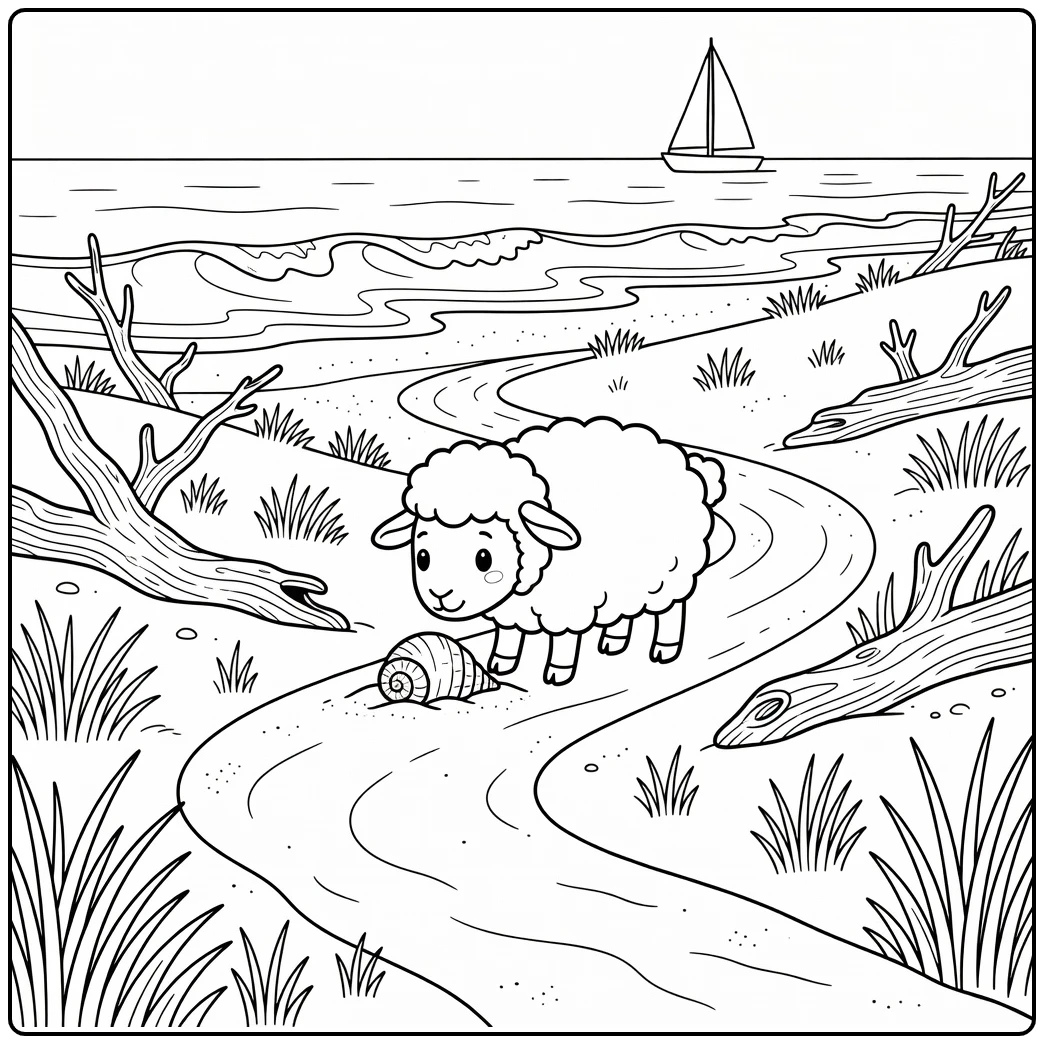 Sheep coloring page exploring dunes sniffing seashell