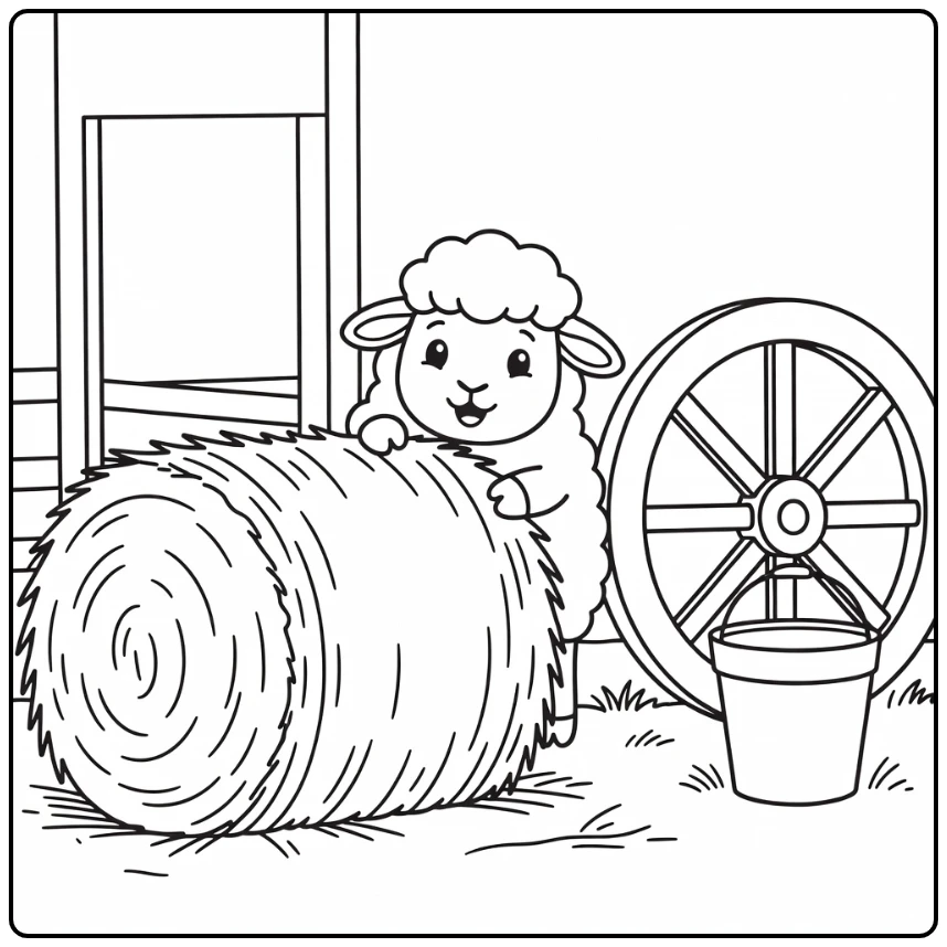 Sheep coloring page of curious sheep peeking from hay bale