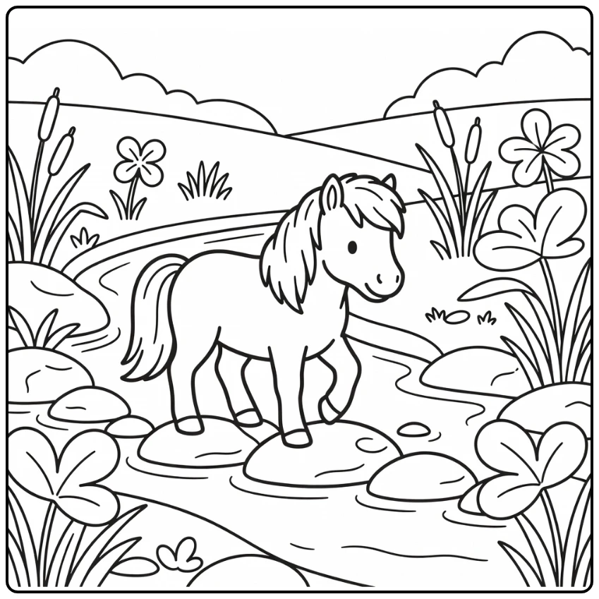 shetland pony coloring page in countryside stream