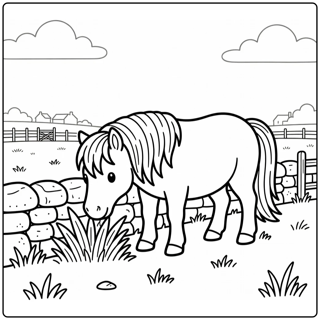 shetland pony coloring page grazing by stone field wall