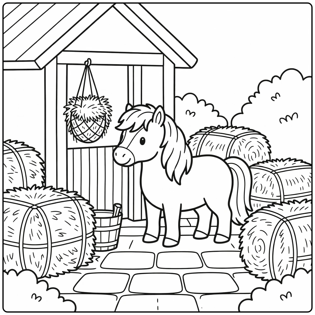 Shetland pony coloring page in stable with hay bales