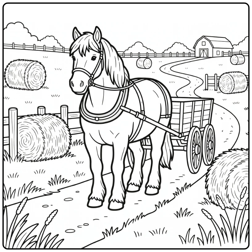Shire horse coloring page pulling a sturdy farm wagon