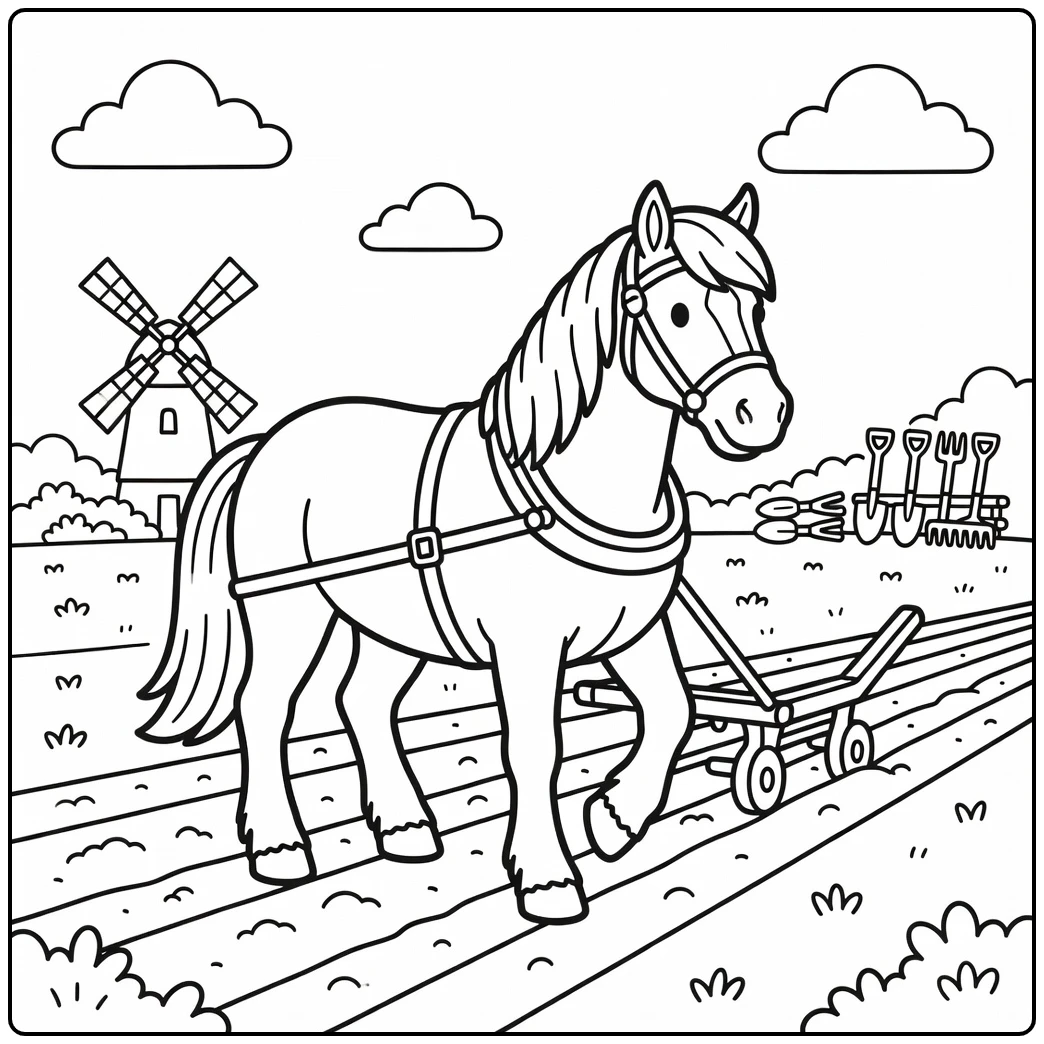 Shire horse coloring page of horse pulling plow near windmill