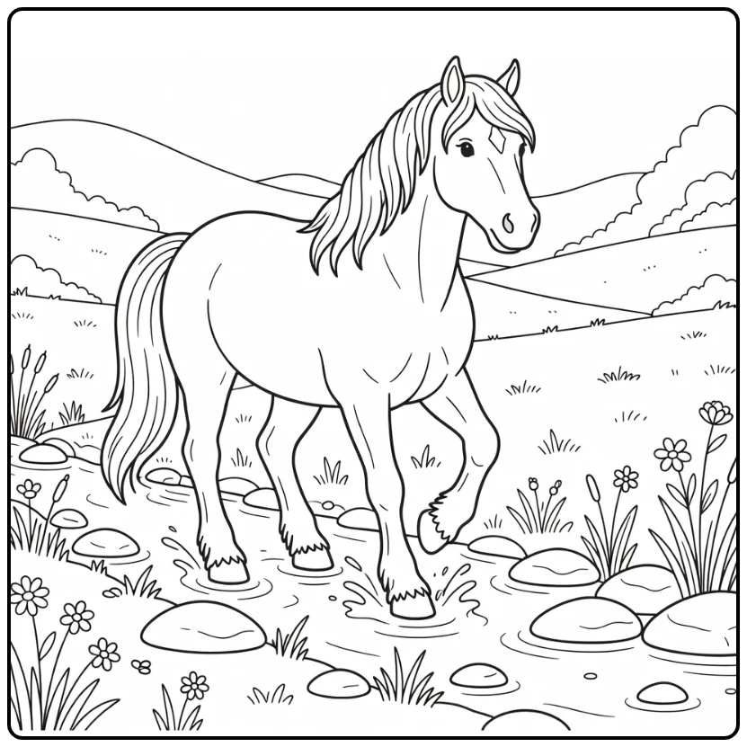 Shire horse coloring page in meadow stream scene