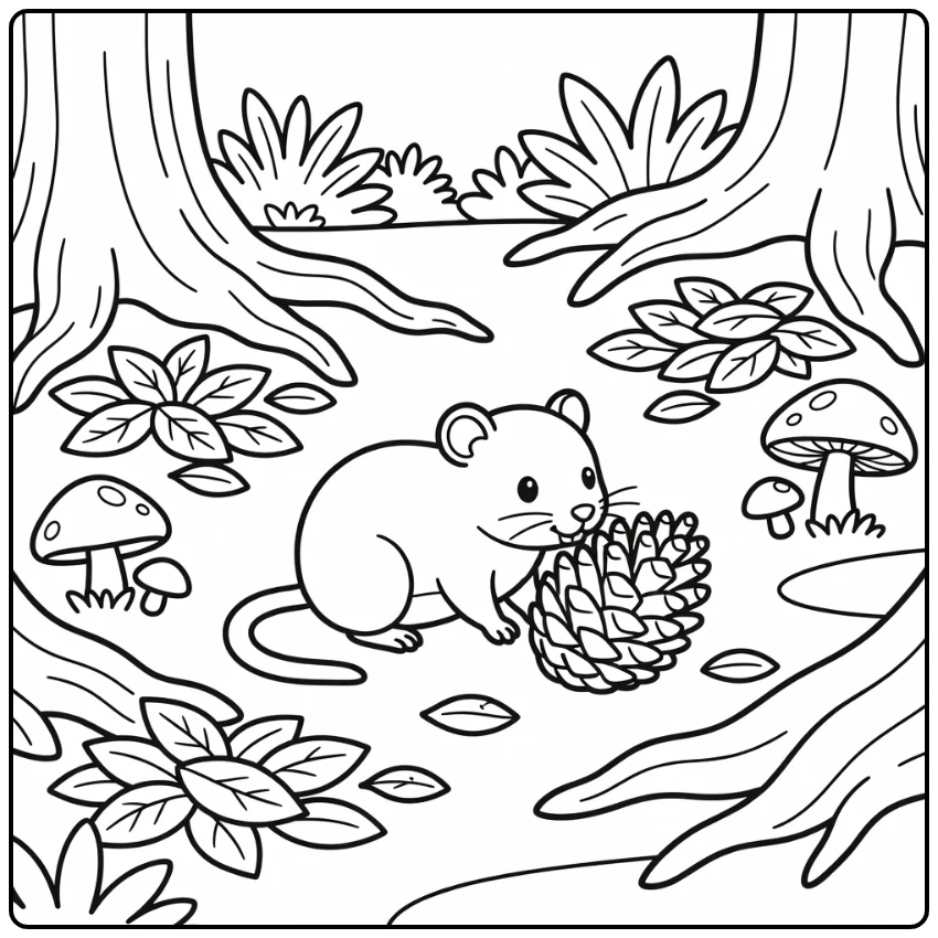 Preschool forest animal coloring page - shrew & pinecone