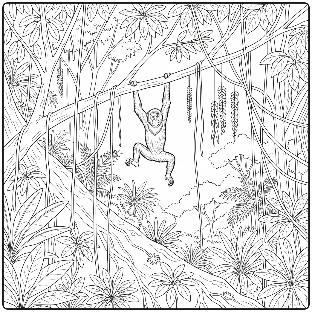 Realistic jungle animal coloring page: siamang swinging from branch