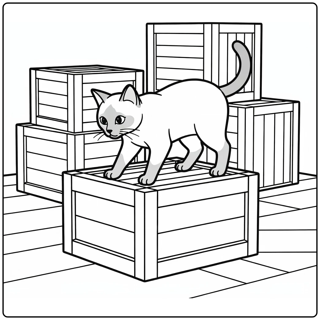 Siamese cat coloring pages: sleek cat on crate edge