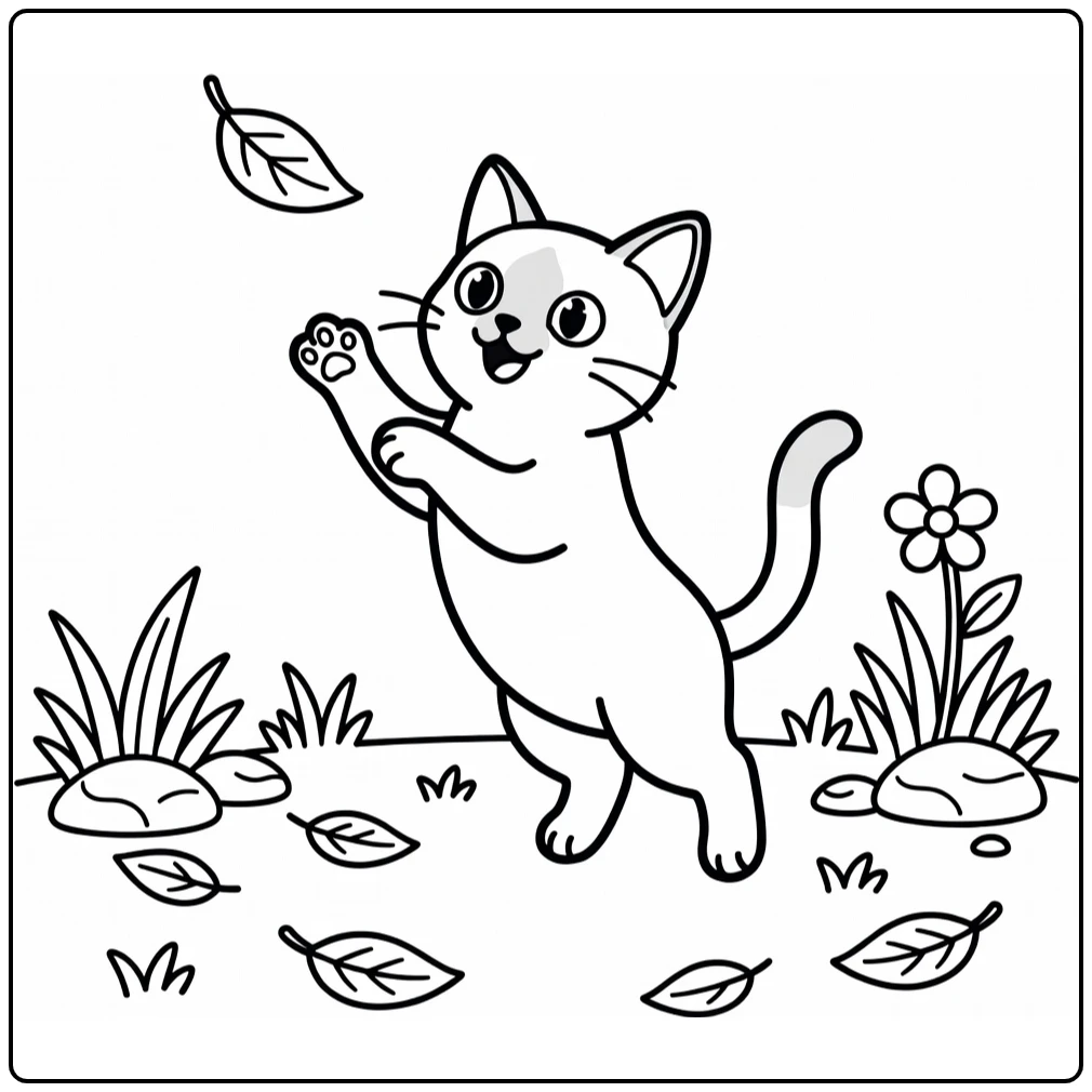 Siamese cat coloring pages: playful cat jumps for floating leaf