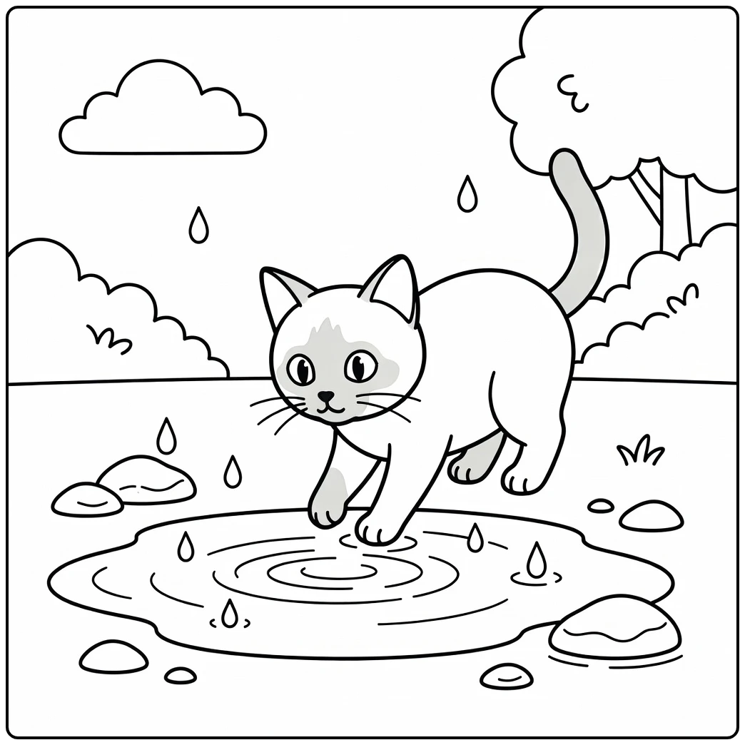 Curious Siamese cat coloring pages watching puddle ripples