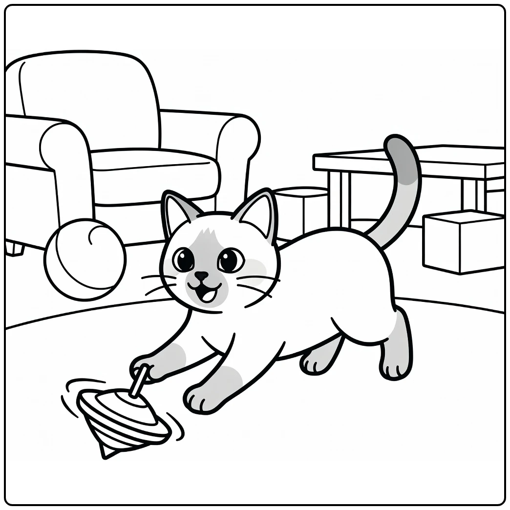 Siamese cat coloring pages: energetic feline chasing spinning top