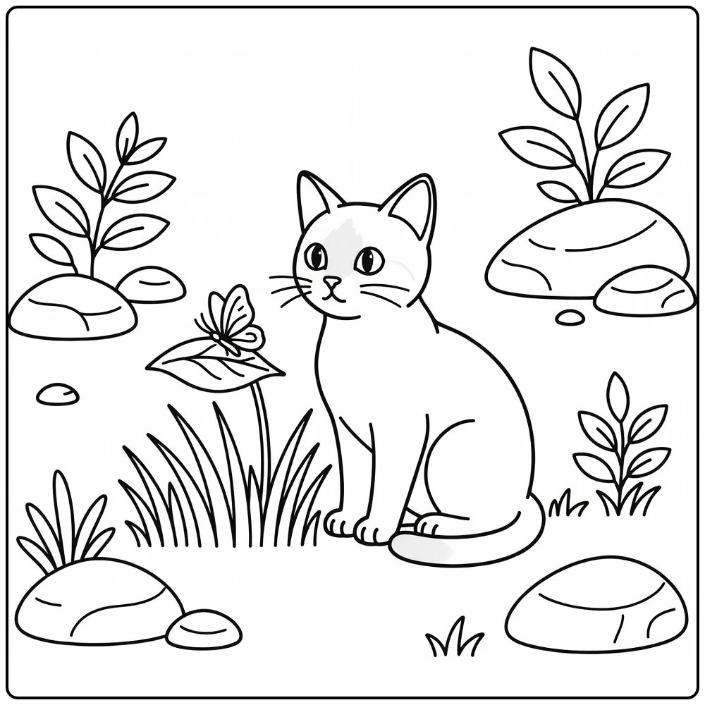 Siamese cat coloring pages: gentle cat watches butterfly on leaf
