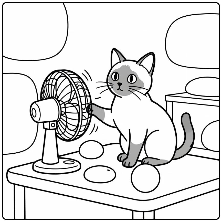 Siamese cat coloring pages: curious kitty paws at fan breeze