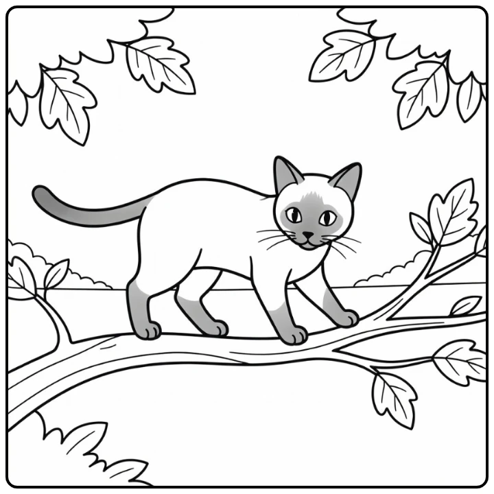 Siamese cat coloring pages: sleek cat balancing on branch