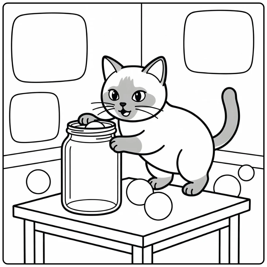 Siamese cat coloring pages: focused cat reaching into tall jar