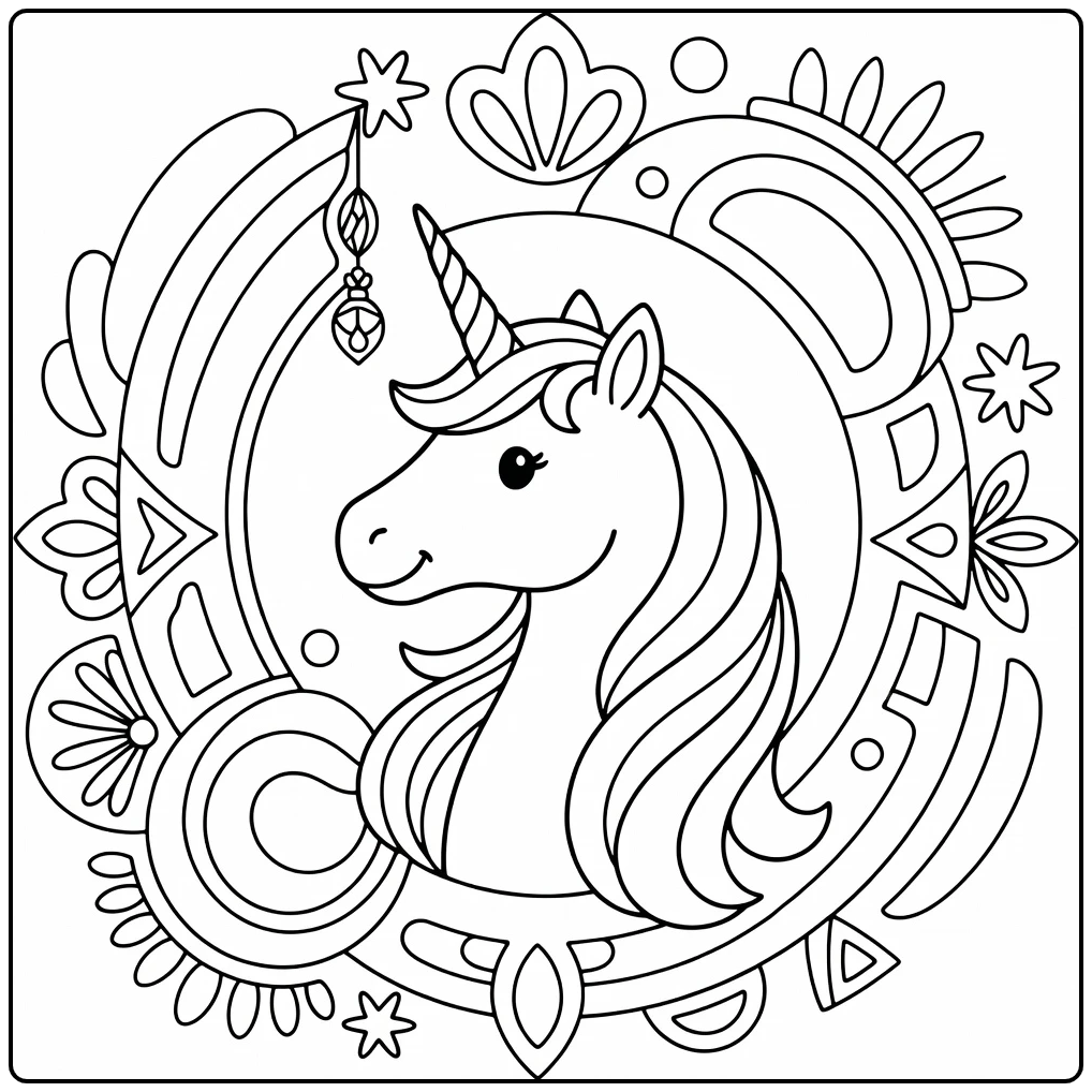 Unicorn head coloring page with jewel and mandala patterns