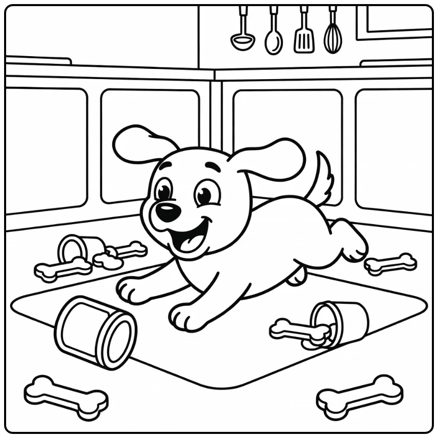 Silly dog coloring pages: pup skids for rolling treat jar