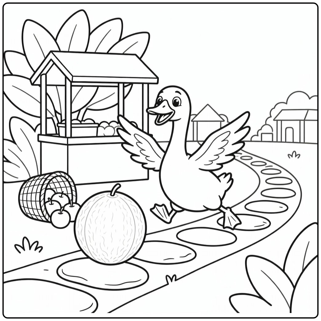Silly goose coloring page chasing rolling melon by farm stand