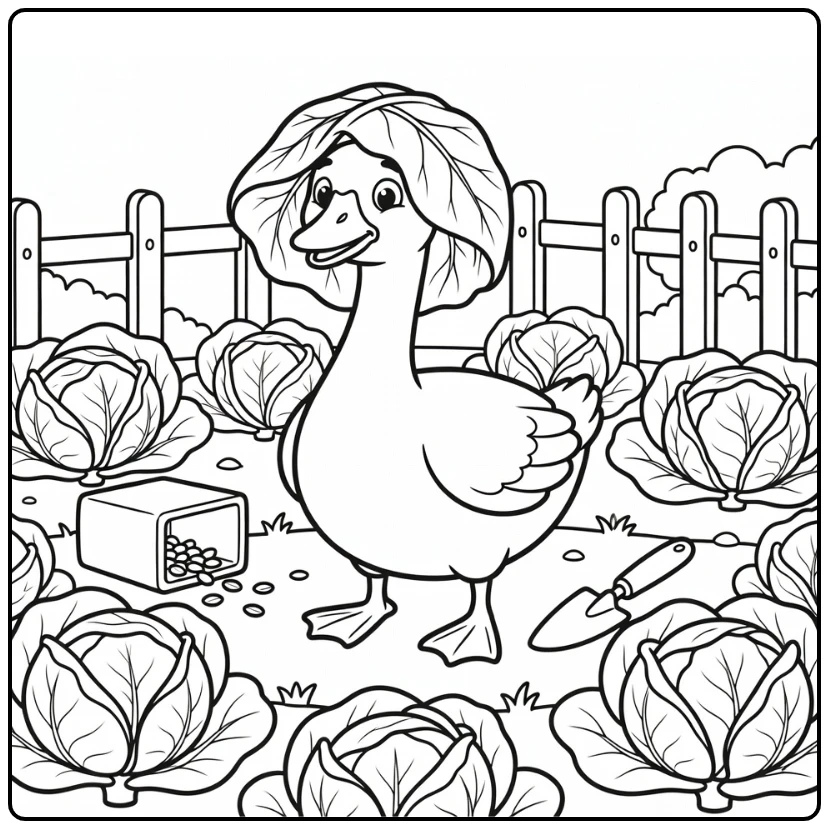 Silly goose coloring page with cabbage leaf on head
