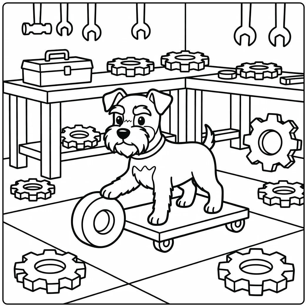 simple Dog coloring pages: Schnauzer pushes wheel in workshop